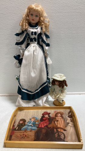 26” Porcelain Doll, 8” Doll, Wood Tray