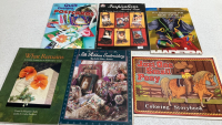 (6) Books: Quilt Designs for Postcards, Beaded Bags, Kids Embroidery, What Remains, Silk Ribbon Embroidery, Coloring Storybook