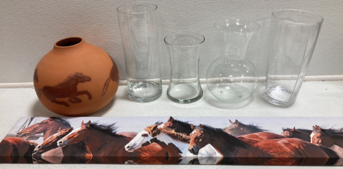 Pottery Vase, (4) Assorted Glass Vases, Long Canvas Horses Print