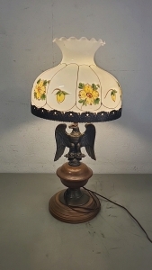 Working Antique Lamp with Brass Eagle and Hand Painted Shade