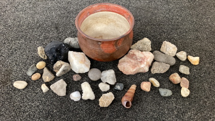 Small Planter With Collected Rocks, Minerals And Shells