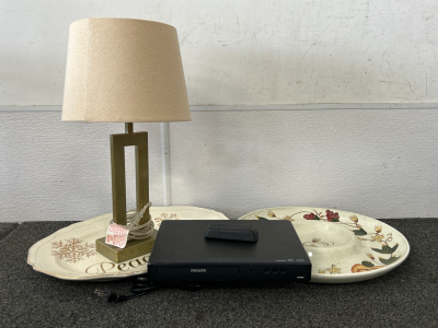 Table Lamp, Philips DVD Player with Remote, and to Platter Trays