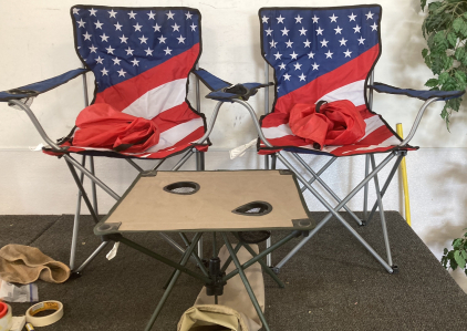 2 Camp Chairs With Folding Table Like New Please Inspect