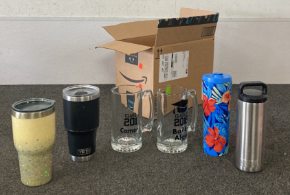 Box of Yeti and Other Watter Bottles/ BellyBuster Beer Mugs