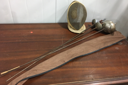 (3) Fencing Swords. Carrier. Mask.