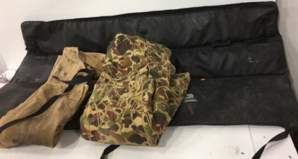 (1) Pair of Size L Camo Overalls, (1) Pair of Tan/Beige Carhartt Size L Overalls, (1) Large Black Truck Tail Gate Cover