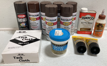 (5) Dark Brown Spray Paints, (1) Leather Brown Spray Paint, (1) Matte Coffee Bean Spray Paint, Satin Finishing Wax, Gorilla Wood Glue, (3) Wood Filler, Tack Cloth