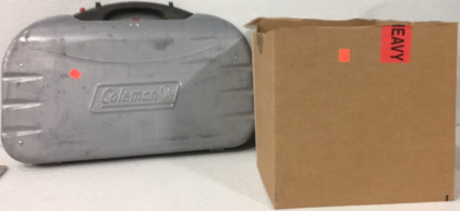 (1) Coleman Portable Camping Stove, (1) Box full of Pipe Fittings