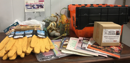 New Utility Grade Gloves. Bacon Cooker. Stamps. Stencil Paint Cream. Doll Hair. (2) Dolls. Metal Peackock. Metal Garden Stake. Orange Halloween Box.