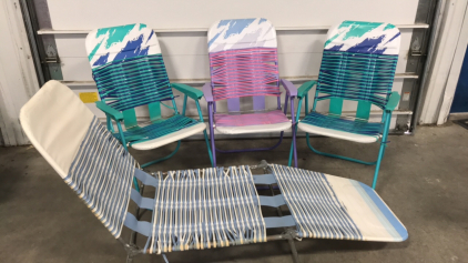 (3) Vinyl Folding Beach Chairs (1) Vinyl Folding Lounger