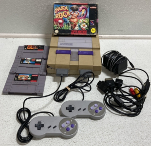 Super Nintendo Entertainment System w/ (2) Controllers, Power Cords, Chuck Rock, Lion King, Black Bass, and Goof Troop