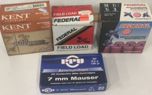 (20) PPU 7MM Mauser 139gr Ammunition (25) Kent Cartridge 12GA 7.5-Shot Shotgun Shells (25) Federal 20GA 7.5 Shot Shotgun Shells (25) Federal 12GA 7.5 Shot Shotgun Shells