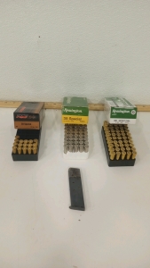 (50) Remington UMC .38 Special 130 gr Ammunition (38) Remington .38 Special 158gr Ammunition (16) PMC Bronze .38 Special Ammunition (1) Vintage Two-Tone .38 Special Magazine