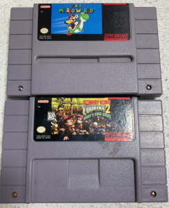 (2) SNES Game Cartridges: Super Mario World, Donkey Kong Country 2