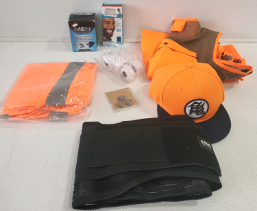 (2) Orange Vests, Orange Dragon Ball Z Hat, Skateboard Wheels, Sonic Stickers, Beard Color And More