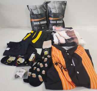 Beer Socks, (2) Back Braces, Men's Joggging Shorts, Blanket, T-Shirt, Dress Shirt And More