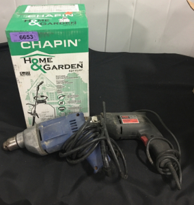 Chapin Home And Garden Sprayer, Skil 3/8” Drill, Blue Drill