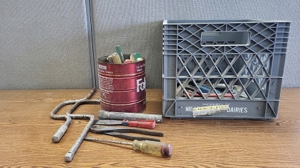 Milk Crate with Screw Drivers, Pliers, and More