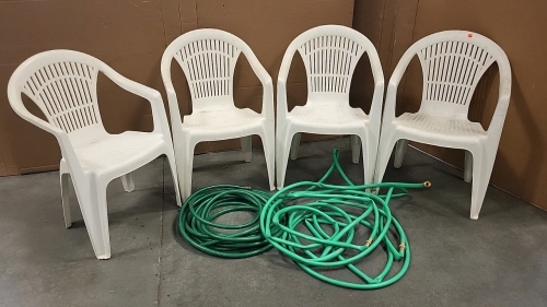 (4) Plastic Chairs with (4) Garden Hoses