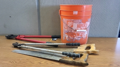 Bucket with Like New 24" Bolt Cutters Hand Saws, and More