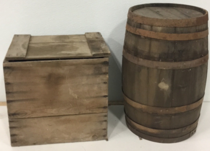 (1) Antique Wooden Storage Box (1) Metal Band Wooden Barrel