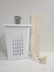 White Laundry Basket On Wheels, Beige Floating Shelf