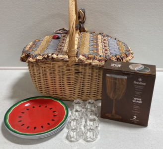 Picnic Basket, (4) Watermelon Plastic Plates, (8) Clear Napkin Rings, Set of 2 Wood-Design Wine Cups