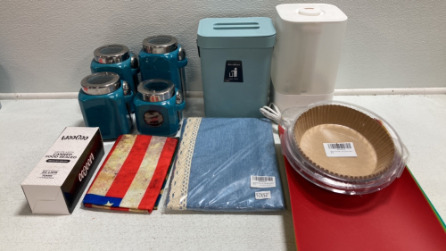 Small Compost Bin, Humidifier, Set of 4 Dry Goods Containers, Air Fryer Parchment Liners, Set of 4 Cutting Boards, Tablecloth, American Flag Pillow Cover, Regular Mouth Jar Seals