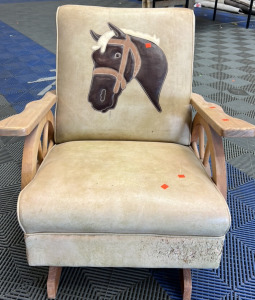 Leather and Wood Rocking Chair With Horse Detail