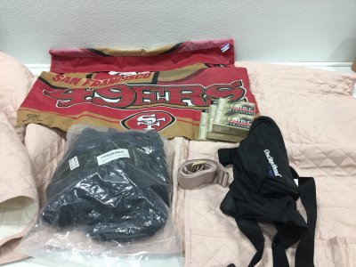 Chair Cover, New Expandable Garden Hose, San Francisco 49ers Flag, (6) New Video Cassette Recorder Tapes. Tommee Tippee One Step Ahead Baby Carrier.