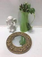 Round Framed Mirror, Angel Statue, Green Planter, Artifical Plant