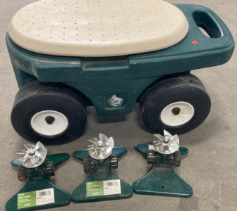 (1) Plastic Rolling Seat w/Storage (3) Fan Sprinklers
