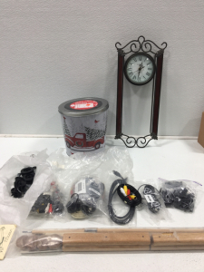 Various Cables In Christmas Tin, New Easy Stitch Needlework Frames, And Clock.