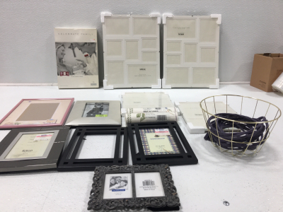 (11) Picture Frames, 10 yards Wind Rose Border Paper, Small Metal Basket With Twine.