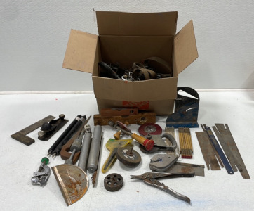 (Vintage) Tools Including Level, collapsible Measuring Stick, Chalk Line, Tape Measure, And More [H]