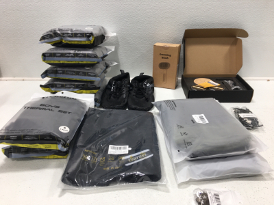 (5) XXXL Men&rsquo;s Thermal Set. (2) Boy&rsquo;s Thermal Set. 24pc Volleyball Team Players Necklaces. 12.5 Centipede Demon Water Shoe. Cocktail Smoker Set. Grooming Brush And More.