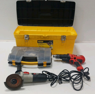 Black & Decker 1/2" Driver, Porter Cable Grinder, And Toolboxes