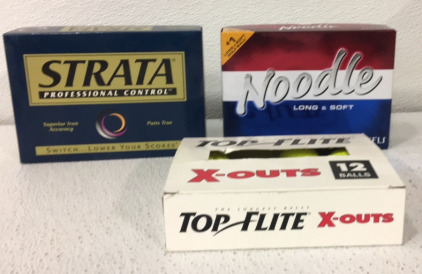 (1) Strata Golf Balls, (1) Noodle Long and Soft Gold Balls, (1) Top Flite X-OUTS 12 golf Balls