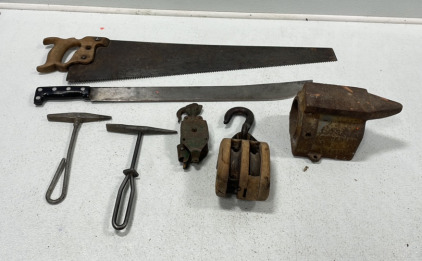 (Vintage) Large HandSaw, Large Machete, Cast Iron Anvil/Vise, (2) Pulleys, Striking Tools [BW]