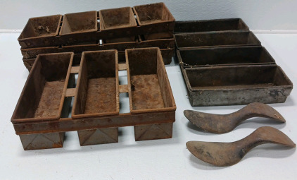 (5) Vintage Commercial Bread Pans And (2) Shoe Forms