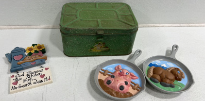 Vintage Green Metal Box and Kitchen Wall Decor