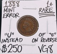 1888 VG8 RARE Mint Error Indian Head Cent