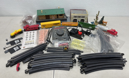 Train Set With Train, Controllers, Track, Buildings, Signs, People, Telephone Poles