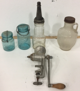 (1) Vintage Marquette MFG. Calf Milker Bottle With Metal Top (1) Universal Brand Meat Grinder (2) Vintage Blue Ball Mason Hars With Lids