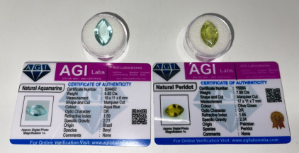(2) Certified Natural Gemstones&hellip; (1) 8.60ct Natural Aquamarine, (1) 7.80ct Natural Periodot&hellip; Both With COA