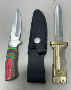 (1) Wild Deer Hunter Fixed Blade Knife W/ Leather Sheath, (1) German Paratroopers Knife W/ German Markings On Blade And Handle