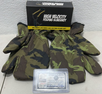 (1) Pair Insulated Trigger Finger Military Shooting Mittens, (1) High Velocity Folding Slingshot, (1) 1954 Military ID Card For Marilyn Monroe&rsquo;s Visit To US Troops In S. Korea