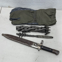 (1) WWII M38 Bayonet W/ Scabbard Adapted To Fit M1 Garand And M1903 Springfield, (1) WWII German M34-42 8mm Machine Gun Ammo Belt With Starter Tab, (1) Pair German Winter Shooters Mittens