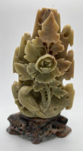 (1) Vintage Chinese Soapstone Sculpture With Bird And Rose