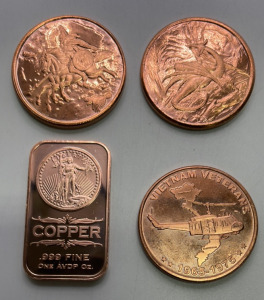 One Copper .999 1oz Bar,3-Copper .999 1oz Rounds